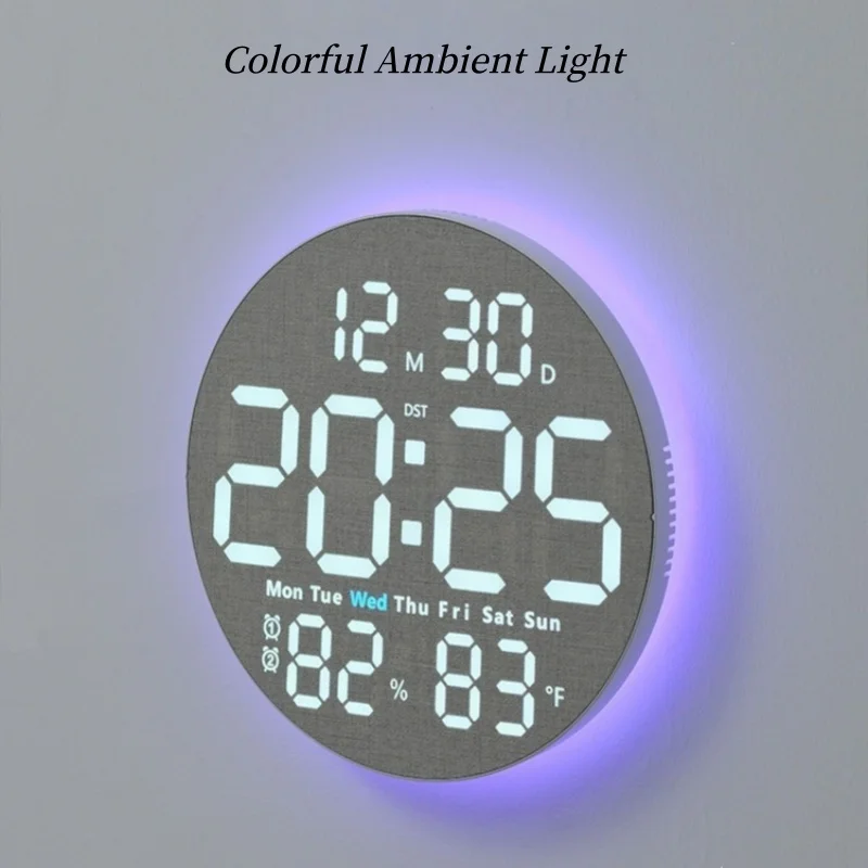 10 Zoll Digitale Wanduhr mit Fernbedienung, 9 Farben Stimmungslicht, Datum, Temperatur, Luftfeuchtigkeit, Timer, automatische Dimmung, LED-Wecker für Fitnessstudio und Yoga – Detail 7