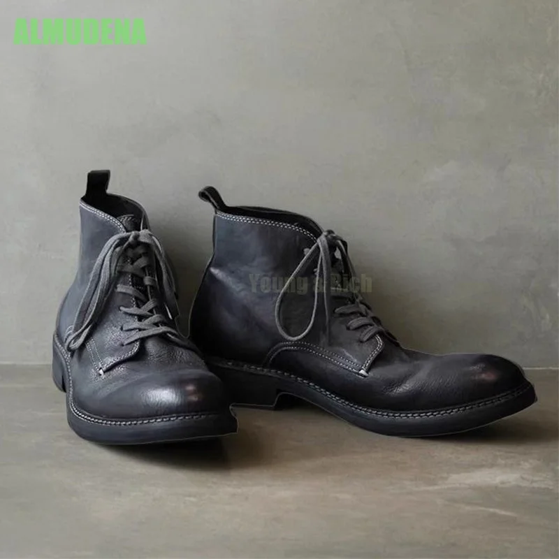 Short Lace Up Combat Boots Matte Leather Upper Full Row Eyelet Lacing Rounded Toe Slim Lightweight \casual Outdoor Footwear