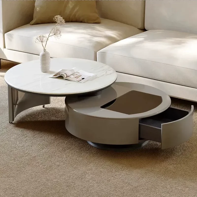 2026 New Round Rotating Microcrystalline Stone Tea Table Multifunctional Small Apartment Living Room Furniture Light Luxury