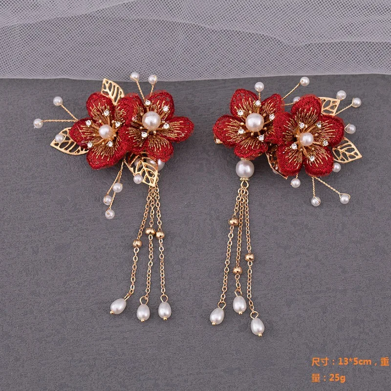 Red Floral Hair Comb Wedding Accessories Golden Pearl Tiaras Hairpin Charm Girls Wedding Headpiece Bride Crown Gift Hair Jewelry