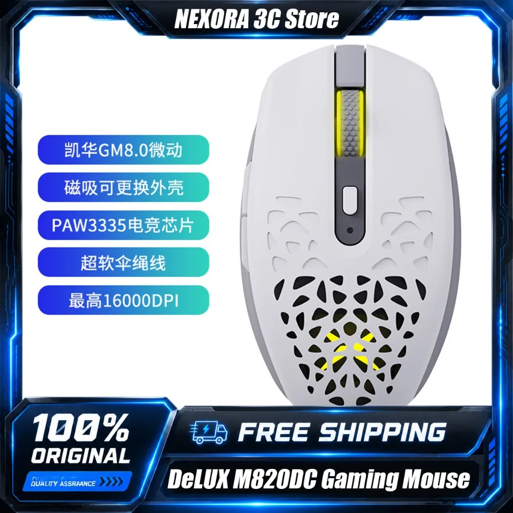 DeLUX M820DC Tri-Mode Wireless Gaming Mouse 2.4G Bluetooth Wired Rechargeable RGB E-sports Mice 16000DPI for Pro Gamer PC Laptop