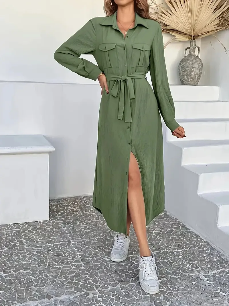 Elegancka, modna sukienka damska w jednolitym kolorze, sznurowana w talii, model na jesień 2025, nowość.