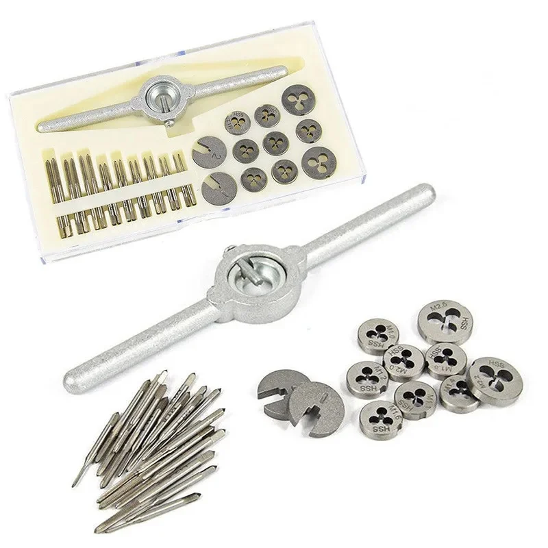 31Pcs Metric Tap Die Set M1-M2.5 Metric Tap and Die Screw Thread Plugs Taps HSS Steel Hand Screw Tap Die Wrench Set Hand Tools