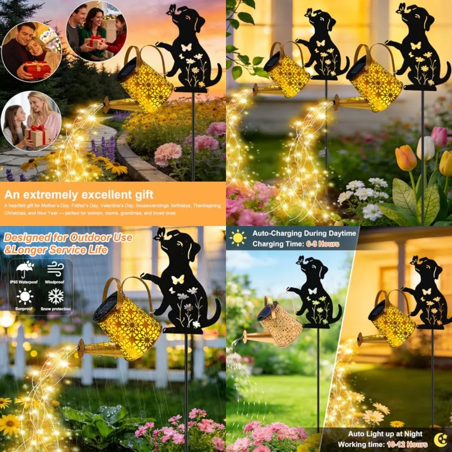 Solar Watering Can Lights Outdoor with Dog Silhouette Stake, Garden Gifts for Mom, Women and Garden Lovers Waterproof Metal Gar