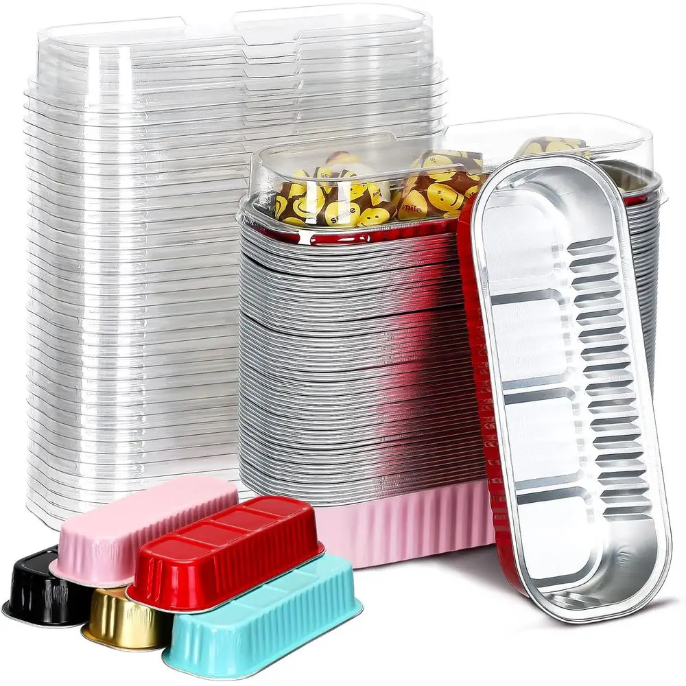 

100 Pack Aluminum Foil Mini Loaf Pans with Lids, 6.8 oz Disposable Baking Cups for Holiday Parties, Multicolored Muffin & Cheese