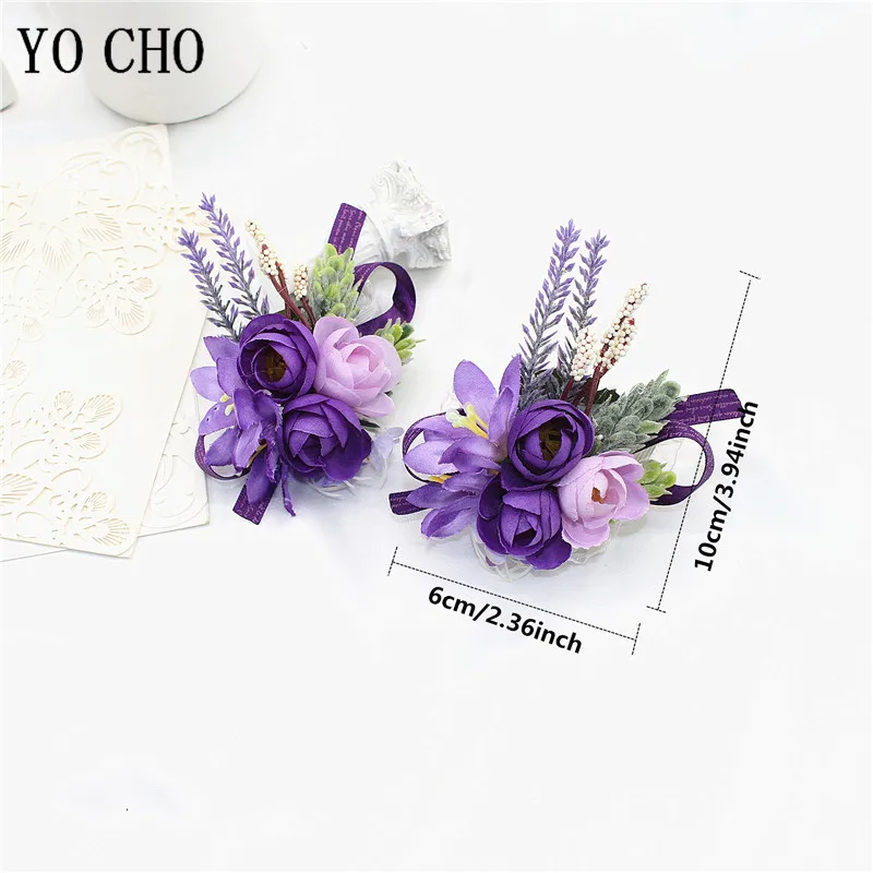 YO CHO Wedding Corsages flower Groom Boutonniere Purple Silk Rose Man Brooches Wedding Bridesmaids Bracelet Wrist Corsage Flower