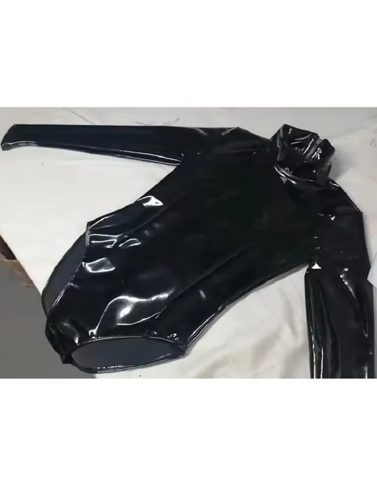 Womens Faux Latex PVC Mirror Print Leotard Gothic Turtleneck Long Sleeve Bodysuit Shiny Clubwear One-Piece Body Shaping Leotard