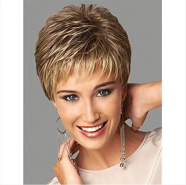Short Dark Brown Mixed Blonde Highlight Pixie Cut Wigs with Bangs Synthetic Hair Layered Wigs
