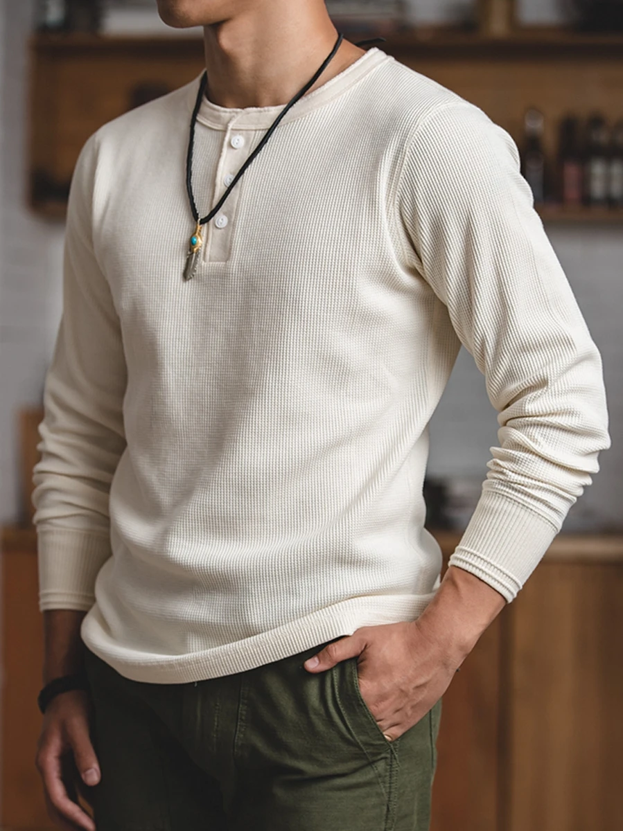 

Американский ретро-свитер из плотного трикотажа Waffle ID Henry для мужчин, с длинным рукавом, модный молодежный повседневный стиль, полиэстер.