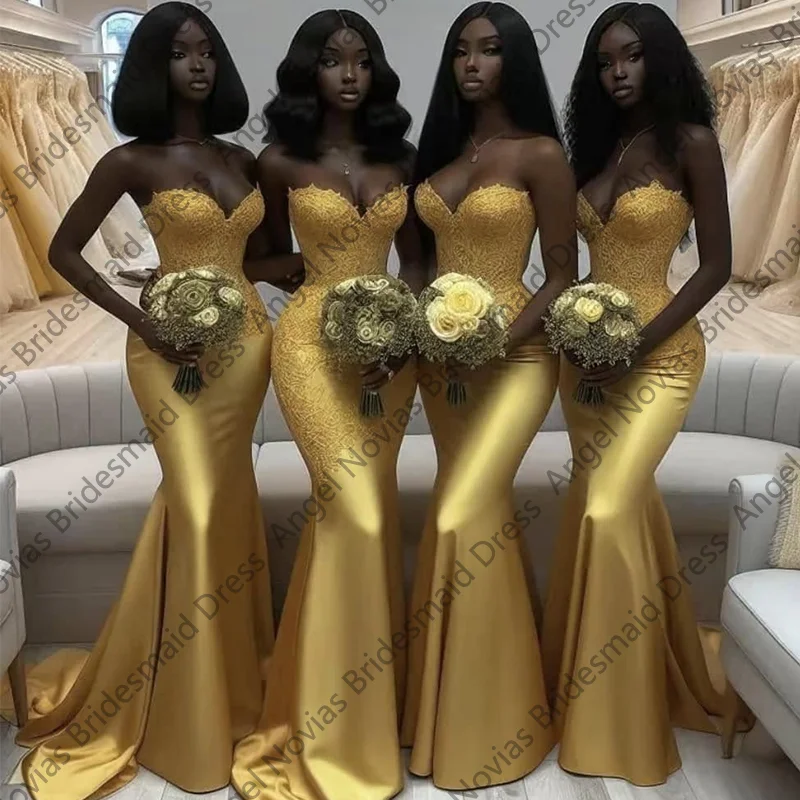 

Customized Long Elegant Mermaid Gold Bridesmaid Dresses Wedding Party Maid Of Honor Dress Robes Invitee Mariage