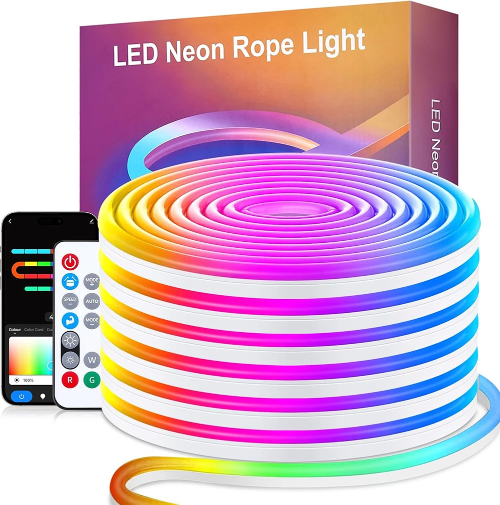 Waterproof Flexible 16.4ft Smart RGB+IC LED Neon Rope Lights with App & Remote Control for Wall Gaming Christmas Home