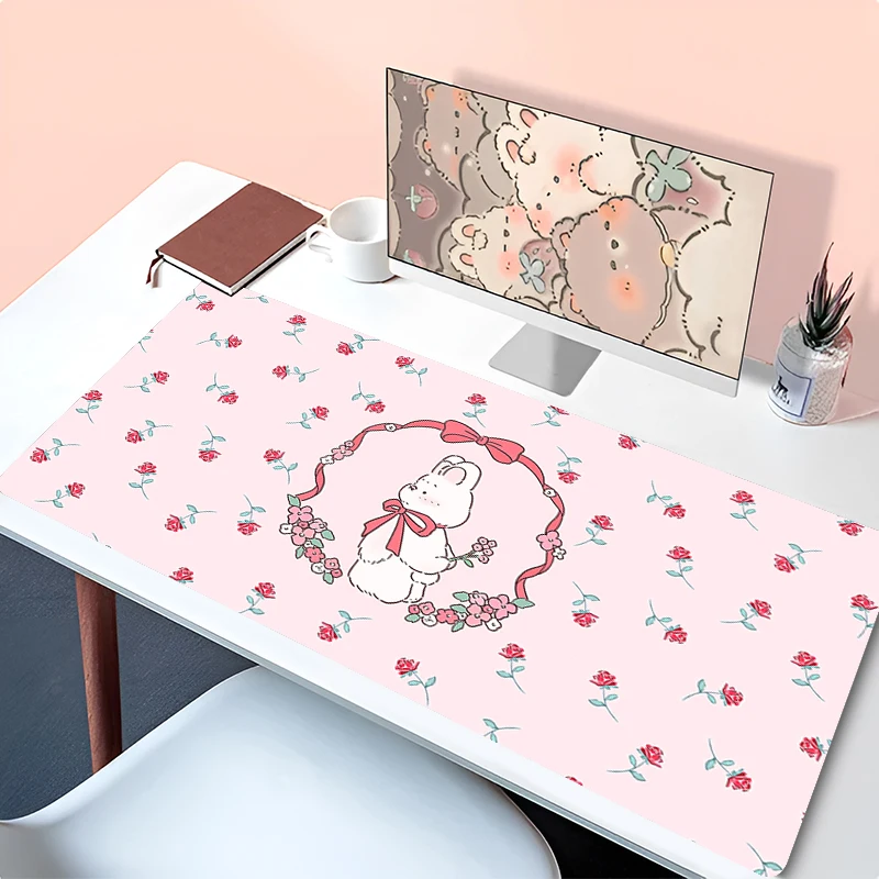 

Mouse Pad Laptop Kawaii Flower Pattern Mousepad Office PC Anime Bunny Rabbit Keyboard Rug Pink Extended Desk Mat For Girl Gift