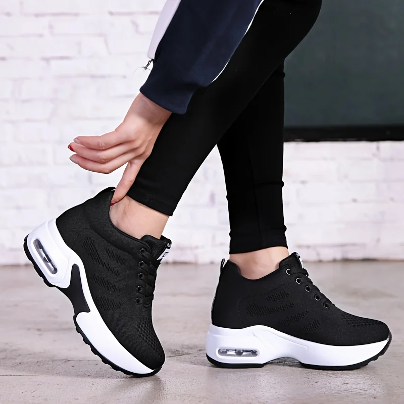 8 cm Height Women Wedge Sneakers Air Cushion Black Sports Shoes Mesh Casual Shoes Running Shoes for Woman 1029 t