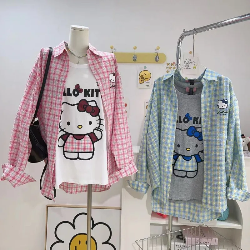 

Sanrio Hello Kitty Autumn Bow Plaid Shirt Sweet Y2k Girl Versatile Polo Collar Sunscreen Shirt Fashion Thin Coat Holiday Gift
