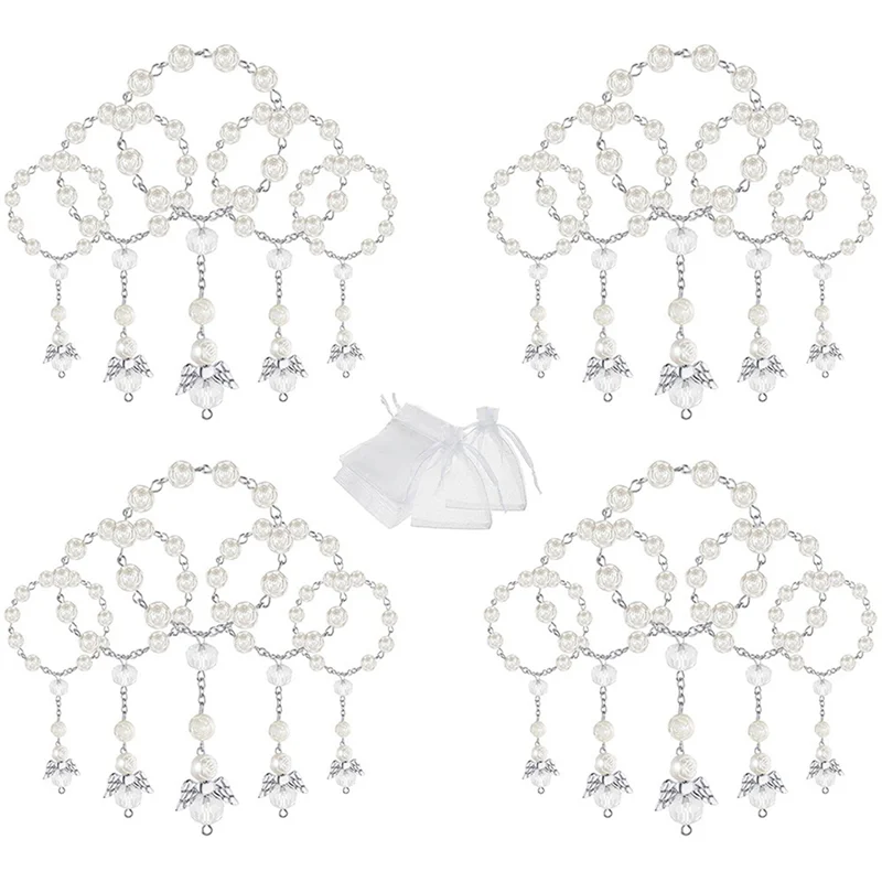 20 Pcs Baptism Acrylic Rosary Beads Mini Rosaries Angel with Organza Bags for the First Communion Baptism Party Favors