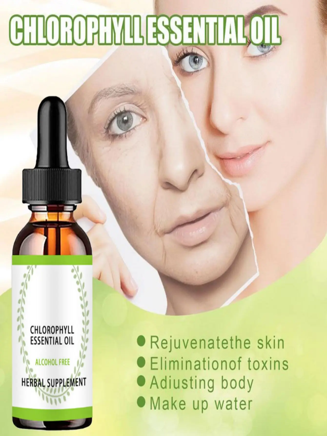 chlorophyll essence oil shrinks pores, reduces fine lines, nourishes skin, and cleans face