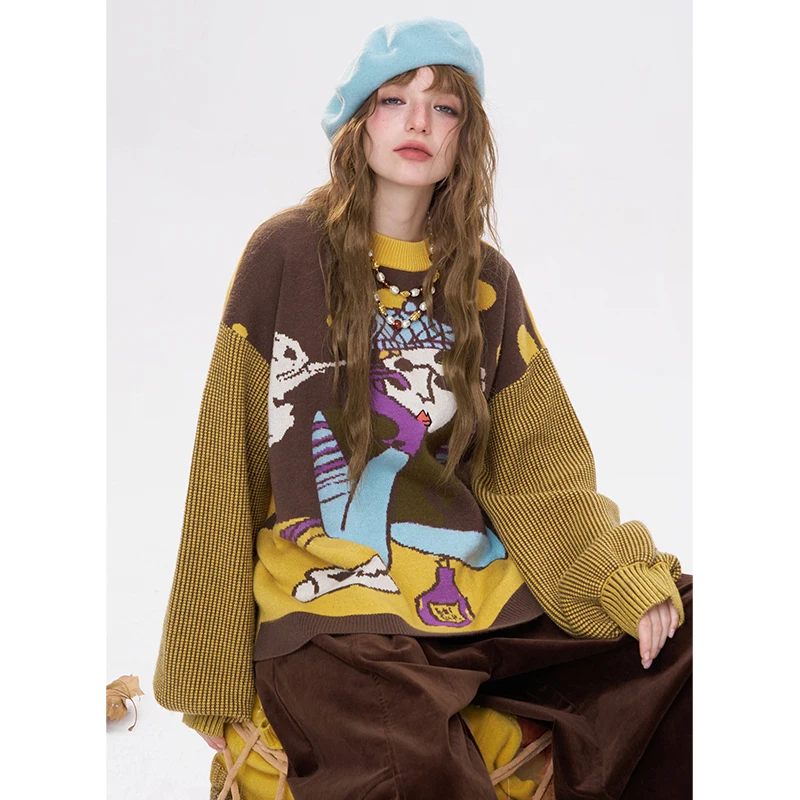 ELFSACK Y2K Artistic Graphic Stripe Long Sleeve Sweater For Women