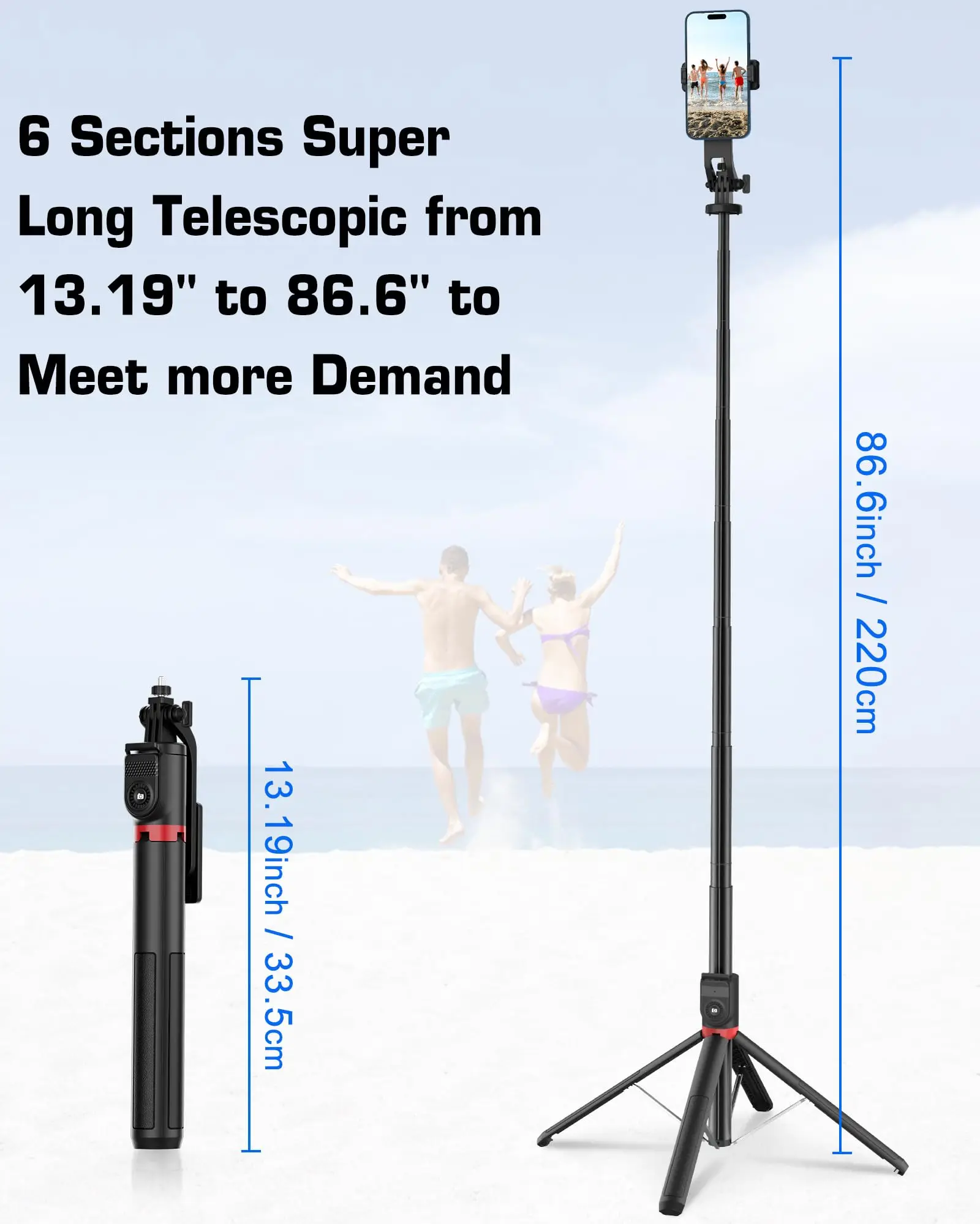 220CM Selfie Stick Tripod Retractable Aluminum Alloy Phone Tripod with Bluetooth Remote 360° Rotation Live Broadcast Bracket
