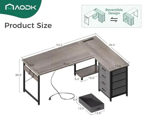 L-vormig bureau met 4-laags lades, 53 inch omkeerbaar gamingbureau met stopcontacten, L-vormig computerbureau met USB-oplaadpoort