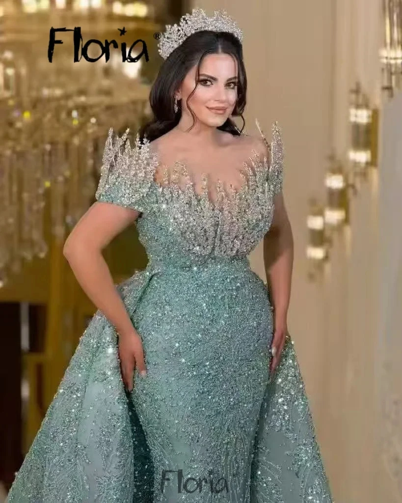Royal floria sage verde vestido de noite com trem destacável cristais frisado lantejoulas vestido de festa de casamento noivado personalizado