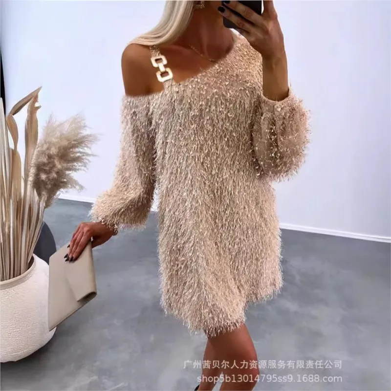 Frauen Mode Plain Flauschigen V-ausschnitt Casual Kleid Pendeln Weibliche Kleidung Winter Frau Lose Elegante Fransen Mini Kleider