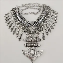 2024 New ZA Indian Vintage Statement Metal Necklace Earrings Women Jewelry Sets Boho Ethnic Retro Large Collar Tassel Necklace