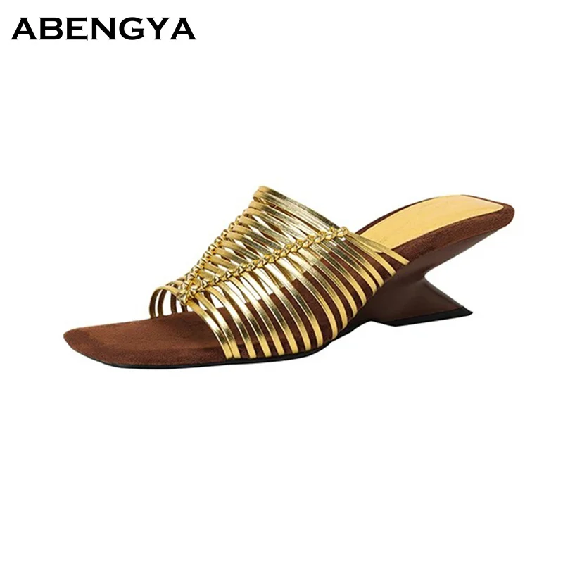 Designer Hollow Out Leather Slippers Women Square Toe Mules High Heel Dress Shoes Summer Fashion Party Banquet Shoes For Women