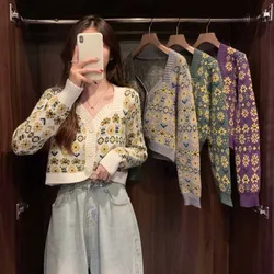 Cardigans curto de botão jacquard vintage feminino, suéter chique de malha, blusa solta casual, casaco de manga comprida, outono, novo, 2023