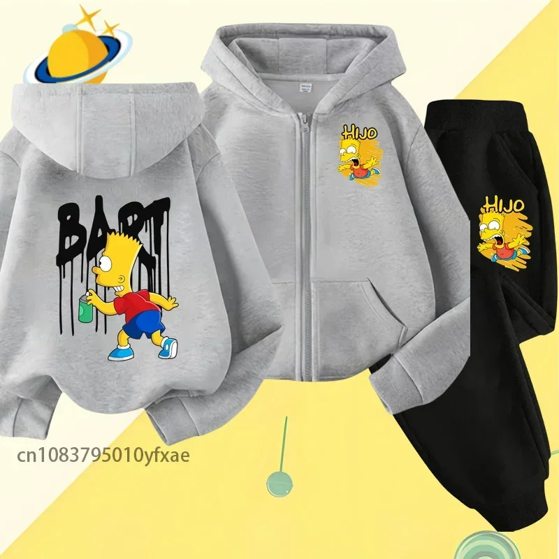 Simpson Barter children zipper hoodie set cartoon print autumn winter long sleeve sweatshirt boys girls trend handsome wind top