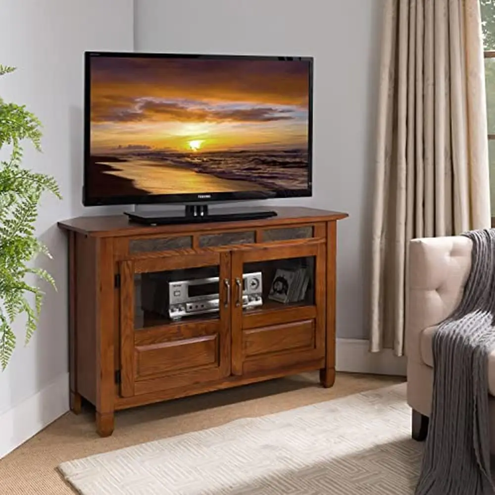 Rustic Oak TV Stand With Slate Details Tempered Glass Doors Media Console Cabinet