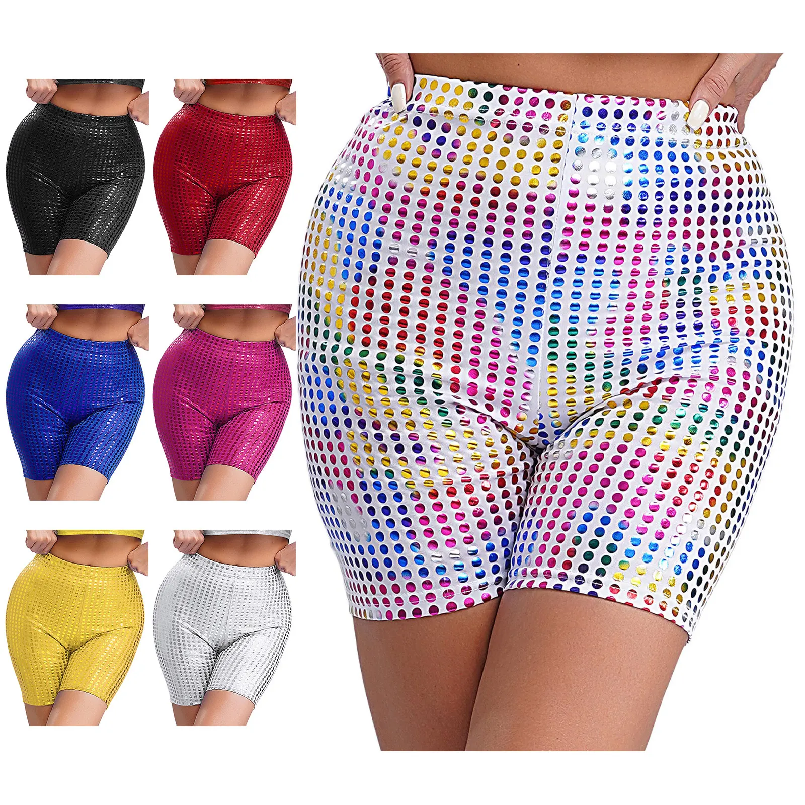 Unisex Damen Herren holografische glänzende Shorts, elastischer Bund, gepunktet, heiße Boxershorts für Tanzparty-Performance-Kostüme