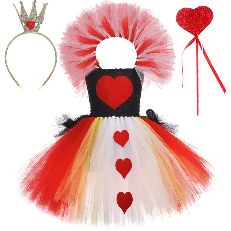 

Alice in Wonderland Red Queen of Hearts Costume for Girls Carnival Halloween Tutu Dress Kids Party Outfit with Crown Magic Stick