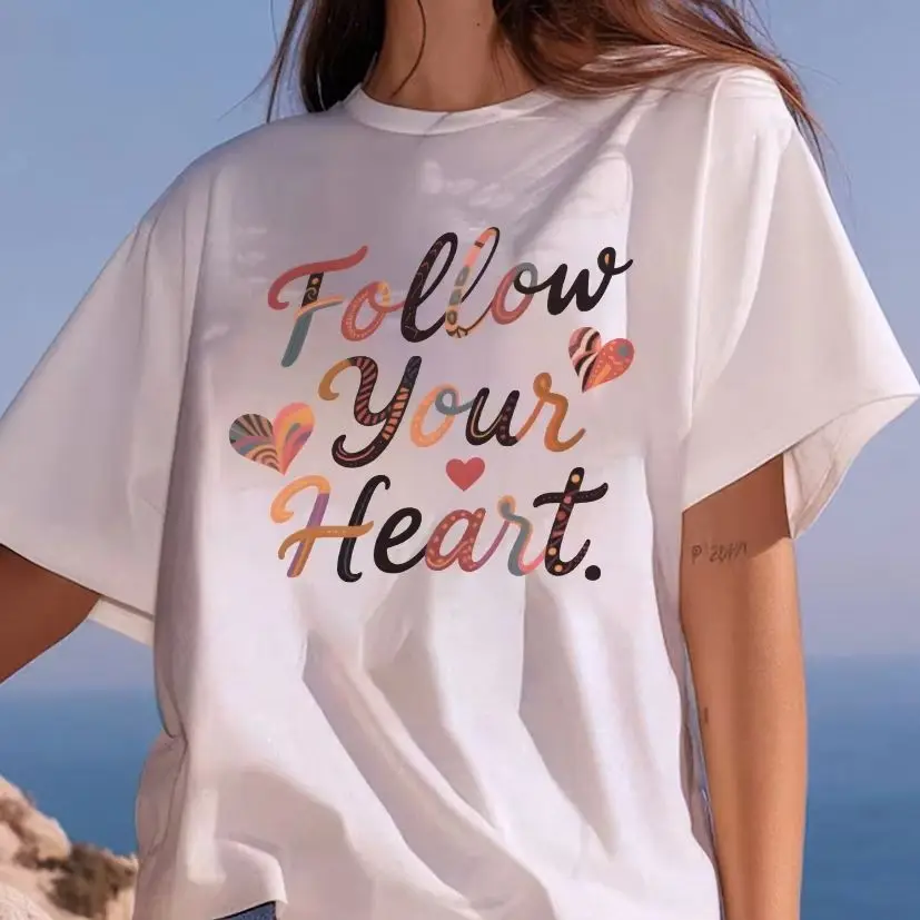 

Y2K Women‘s Clothes Cotton Casual T-Shirt Letters Printing Follow Your Heart Crew Neck Graphic Tees Street Wear Colorful
