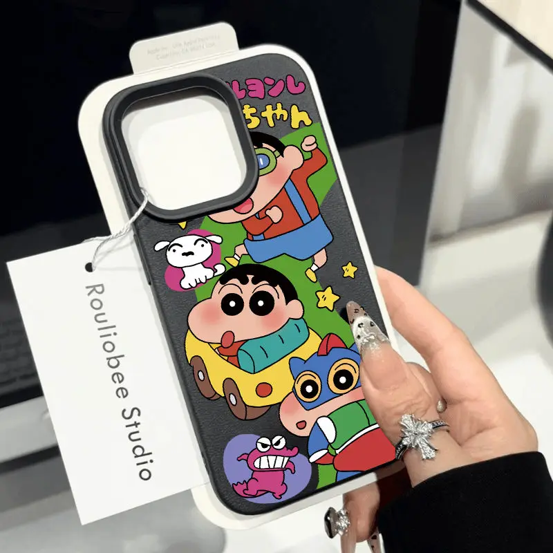 Cartoon Crayons Shin-chans Fashion TPU Imitation Leather Phone Case For iPhone 16 Plus 15 14 13 12 11 Pro Max Shock-absorbing