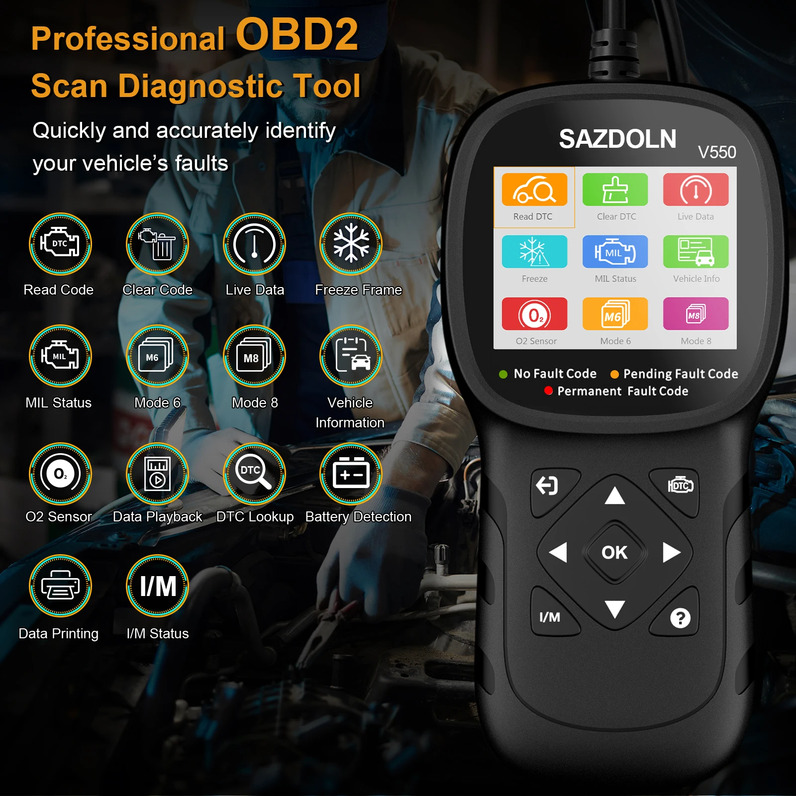 أداة تشخيص السيارة لـ SAZDOLN V550 12 فولت Obd2 الماسح الضوئي سيارة دراجة نارية واضح خطأ قارئ رمز البطارية اختبار الضباب الدخاني تحقق تقرير EOBD