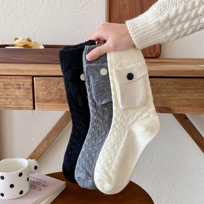 3 Pairs New Woman Girls Pocket Plaid Tube Sock Black White Grey Outdoor Sport Hilking Climbing Cotton Socks With Small Pockets