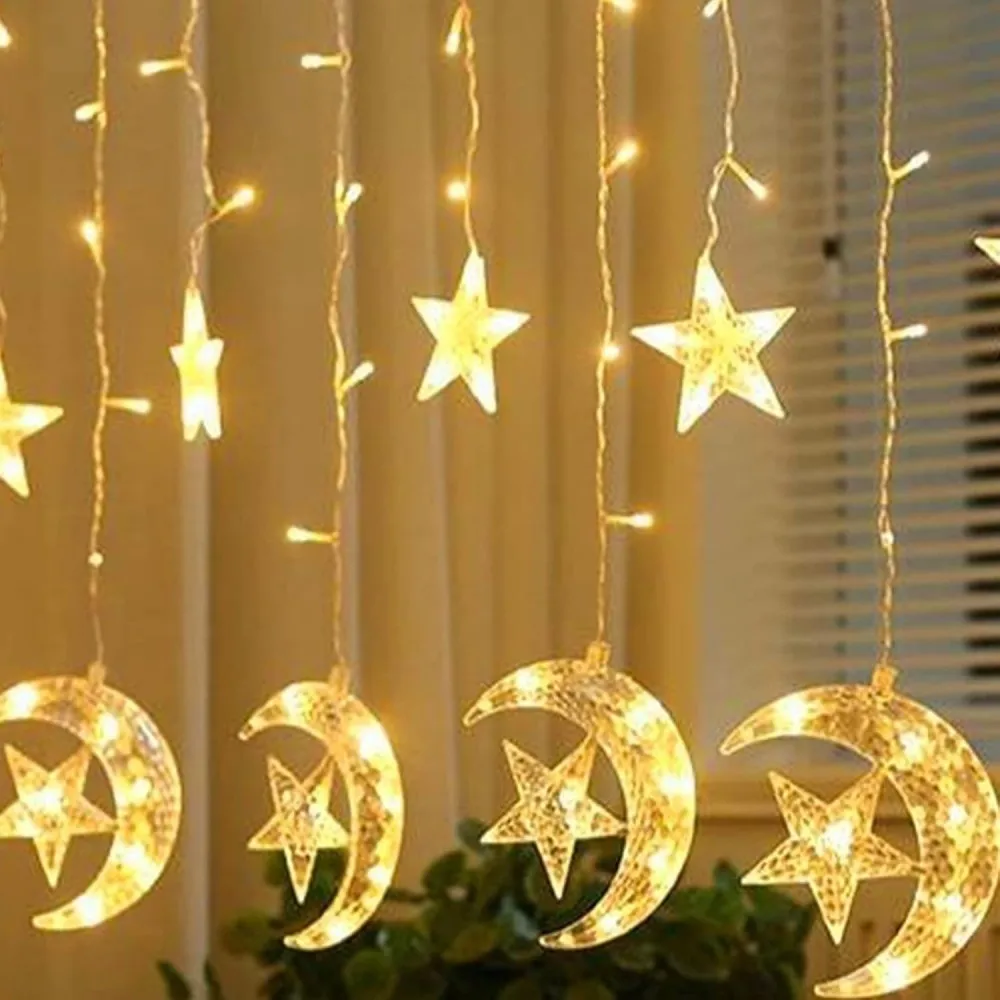 120-LED Lua e Estrela Cortina Luzes de corda-137,8 pol. Luzes de fadas com operação de bateria, usadas para Ramadan, casamentos, decoração de quarto