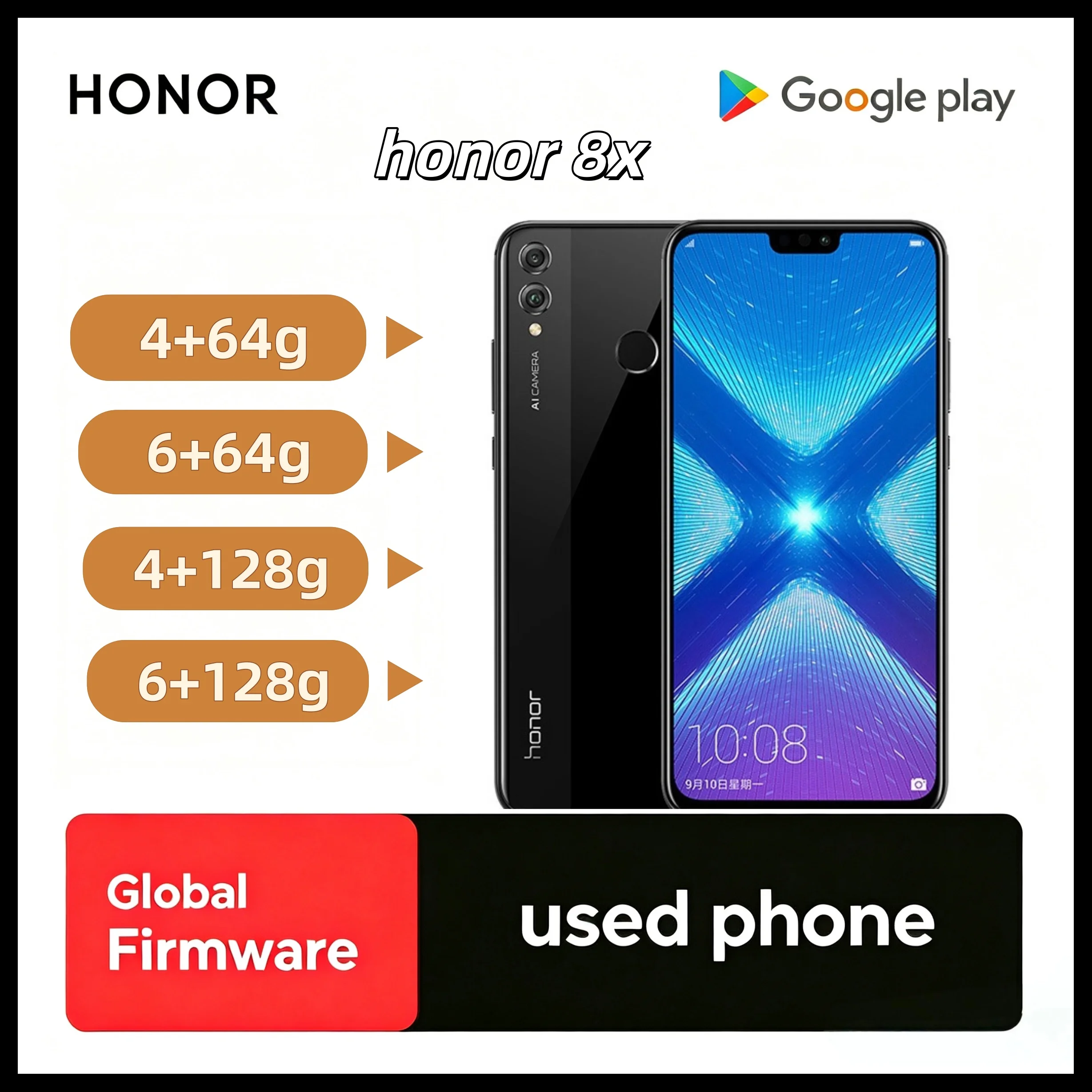 Honor 8X 4G LTE Unlocked Mobile Phone Global ROM Google Play 6.5