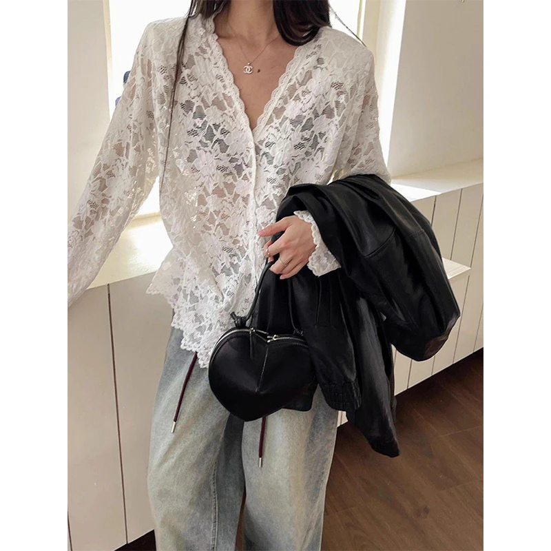 

Y2K Lace Sheer Black Shirts Women Streetwear Sexy Hollow Out White Blouses Korean Aesthetic Long Sleeve Chic Sun Protection Tops