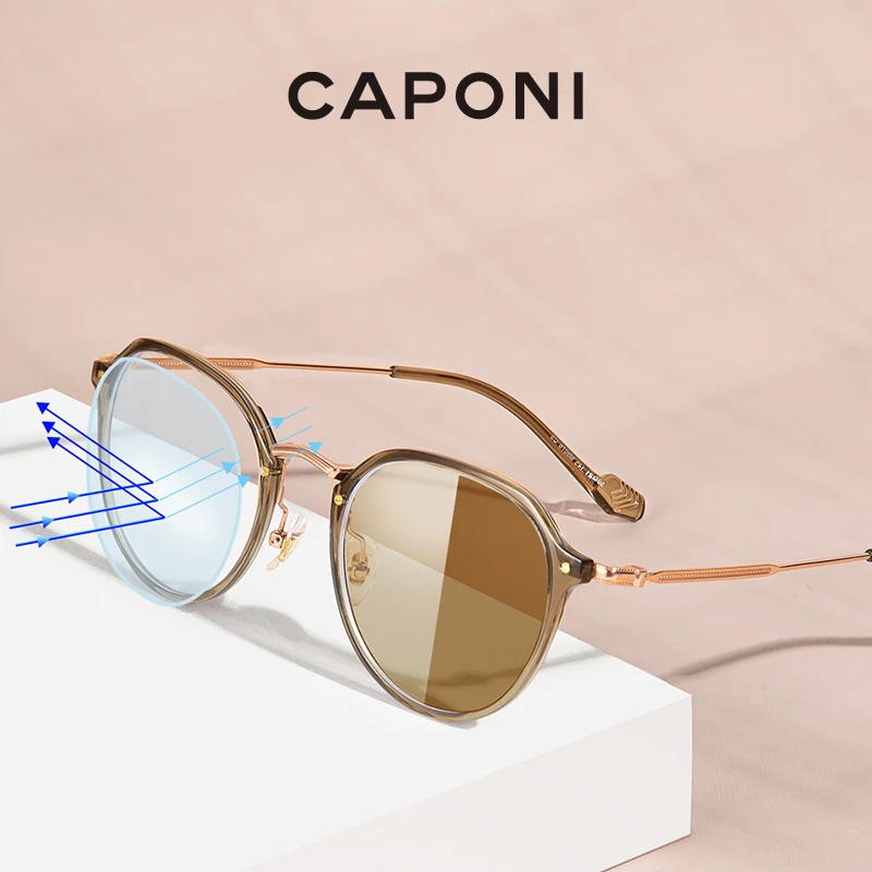 

CAPONI Photochromic Brown Glasses TR-90 Titanium Frame Glasses Women's Blue Ray Protect Computer Brand Design Eyeglasses BF8076