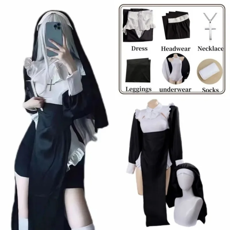 Anime Sexy Nuns Cosplay Uniform PreCure Black Costumes for Women Adult Sister Act Cross Dressing Halloween