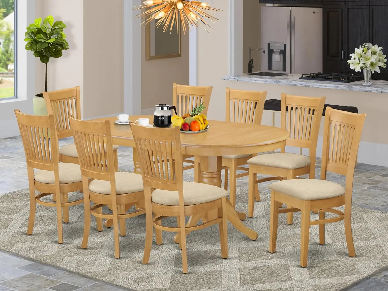 VANC9-OAK-C 9 Piece Kitchen Set Includes an Oval Table with Butterfly Leaf and 8 Linen Fabric Dining Room Chairs, 40x76 Inch