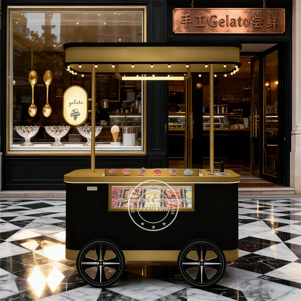 

Fast Food Snack Cart Hand Push Mobile Ice Cream Cart with Freezer for Hotdogs and Chips for Sale