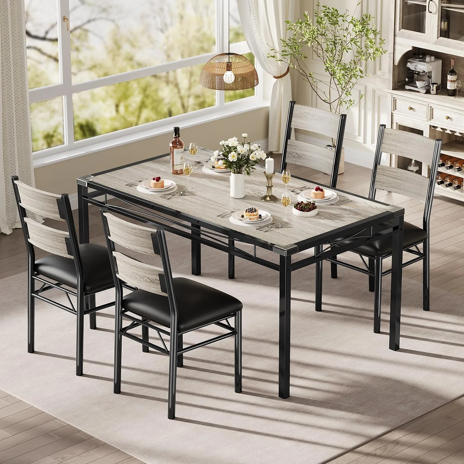 

Dining Table Set Wood Kitchen Table Chairs Set for 4 with Upholstered Chairs NEW