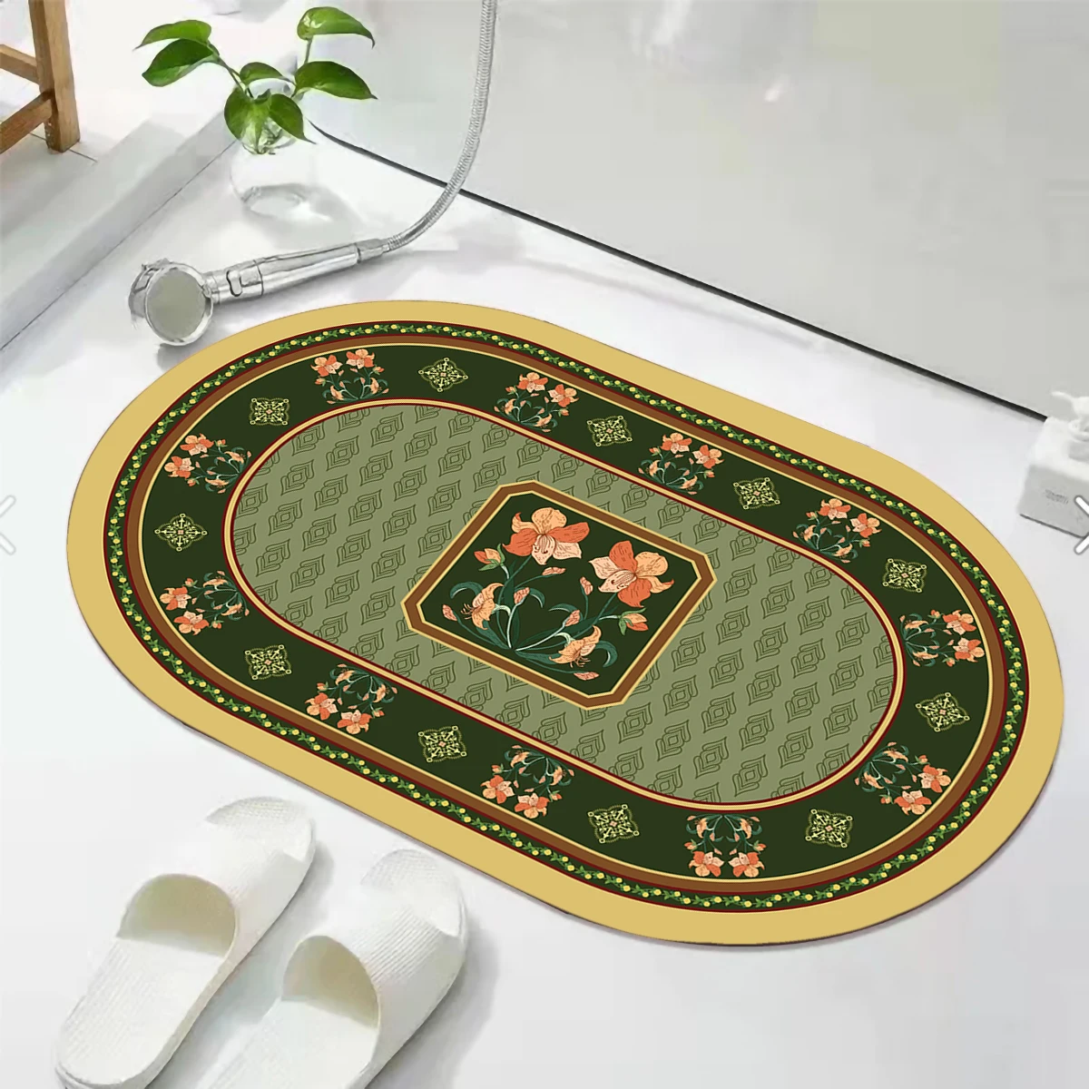 Green Retro Flowers Bathroom Mat Super Absorbent Rug Bath Non Slip Floor Mats Easy To Clean Doormat Kitchen Area Rugs