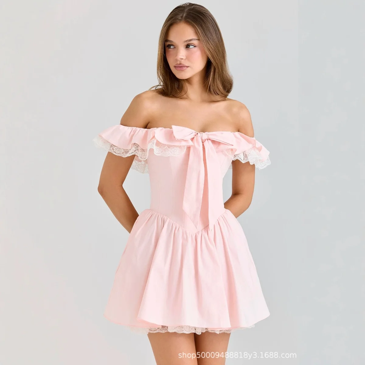 

French Style One Shoulder Flying Sleeves with Lace Bow Cinched Waist Fluffy Princess Women's Dress