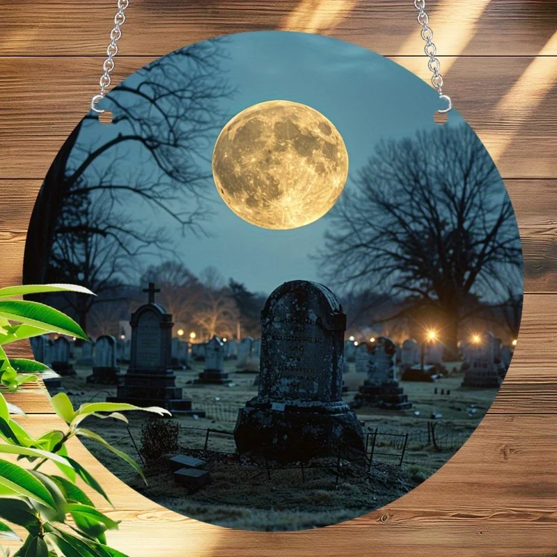 

Halloween Graveyard Style Acrylic Pendant - Vintage Round Wreath Logo for Home, Garden and Porch Decorations