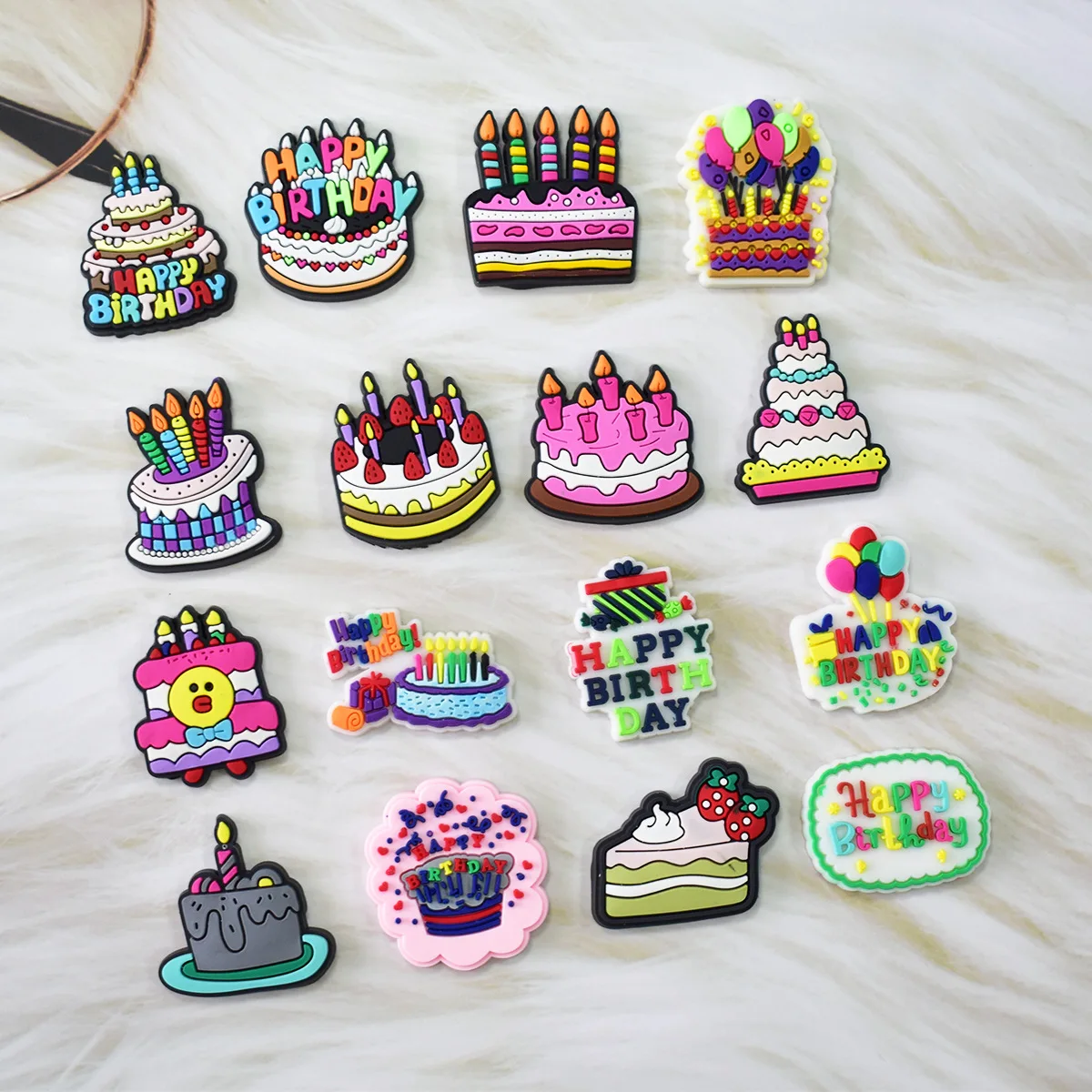 1-16pcs Birthday Cake Series PVC Shoe Charms for Bubble Slide Sandals Accessories Shoe Buckles Decoration Fits Birthday Gifts