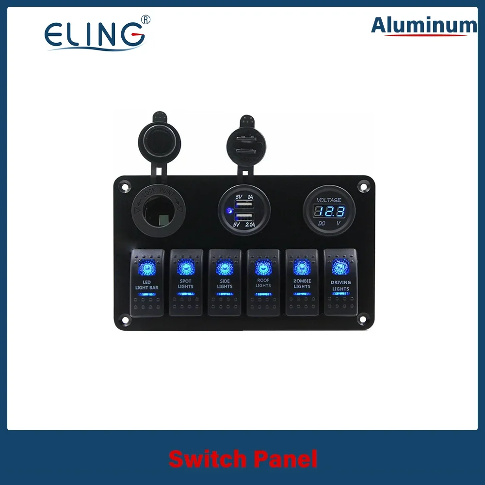 ELING ON-OFF Rocker 6 Gang Switch Panel LED Voltage Display USB 5V 3.1A USB Charger+Cigarette Lighter For Truck Boat Car