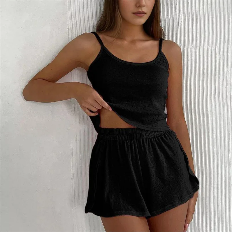 Sommer frauen Soild Gestrickte Atmungsaktive Trainingsanzüge Aushöhlen Strap Weste Tank Tops Und Split Shorts Zwei Stück Set